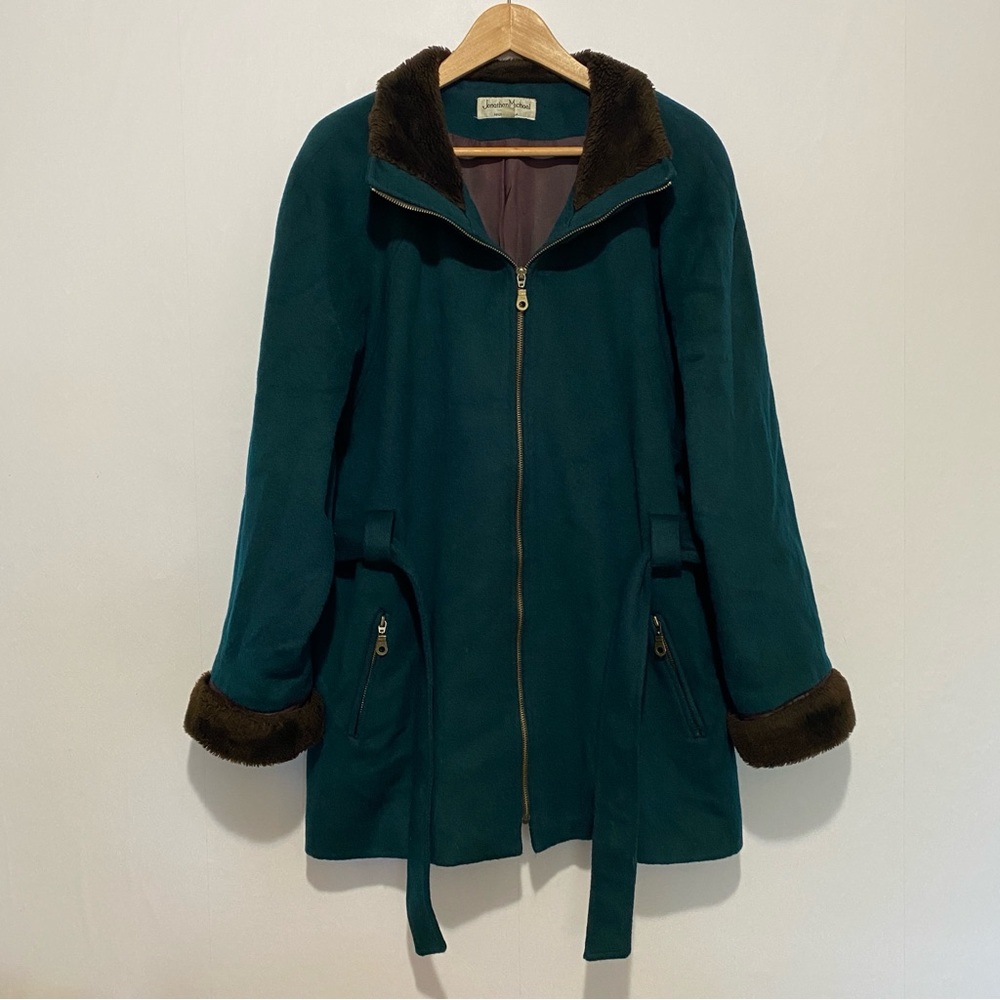 Jonathan Michael Teal Wool Coat Faux‎ Fur Trim Belted Jacket Size 12 USA Vintage